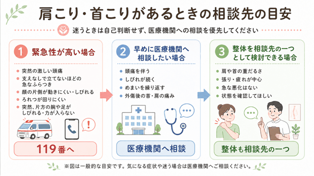 肩こり・首こりがあるときの相談先を考える流れ