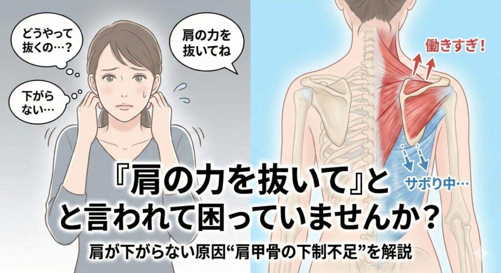 「肩の力を抜いて」と言われて困っていませんか?肩が下がらない原因“肩甲骨の下制不足”を解説