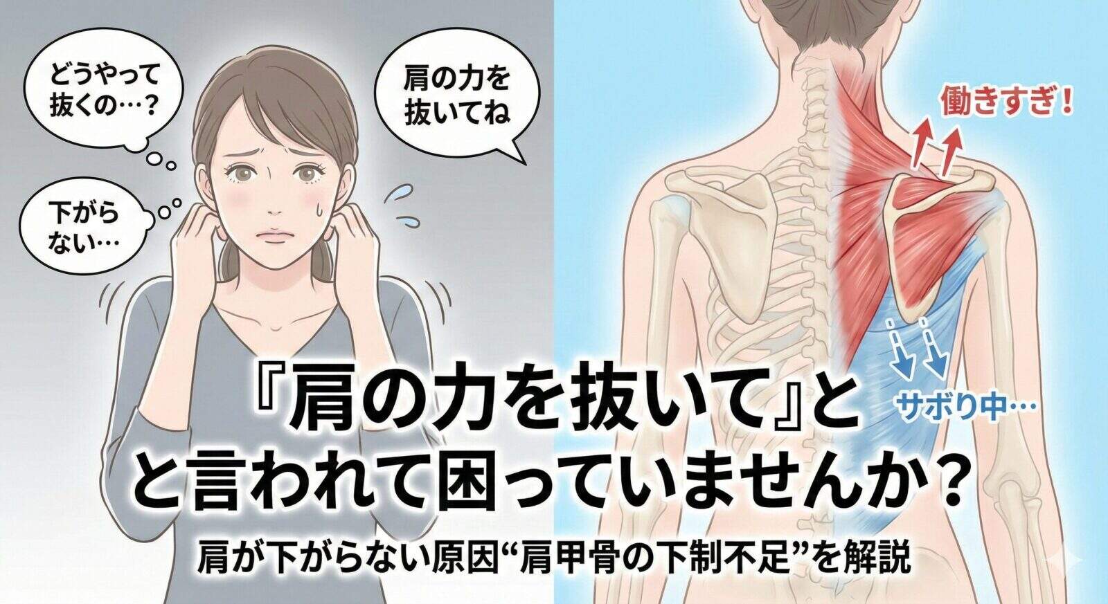 「肩の力を抜いて」と言われて困っていませんか？肩が下がらない原因“肩甲骨の下制不足”を解説