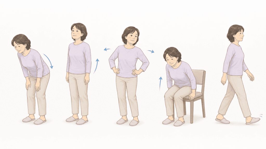 ぎっくり腰で無理のない範囲の動きを確認する例