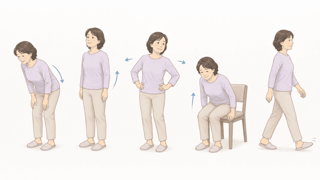 ぎっくり腰で無理のない範囲の動きを確認する例
