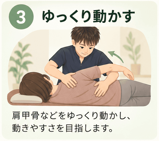 3 ゆっくり動かす。肩甲骨などをゆっくり動かす様子
