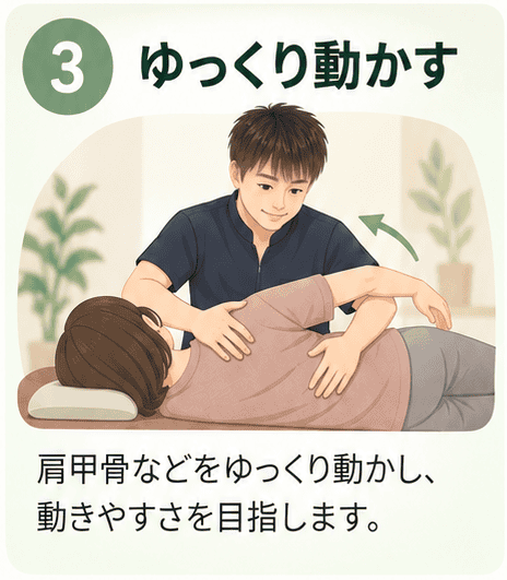 3 ゆっくり動かす。肩甲骨などをゆっくり動かす様子
